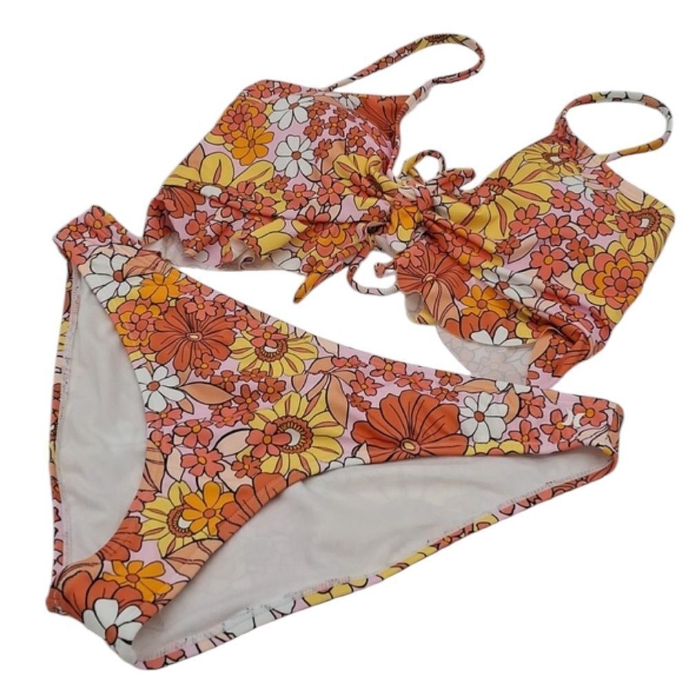 Hurley Floral Print Ruffle Top Bikini 2pc Set Orange size‎ L New with tags!